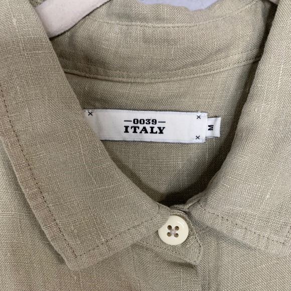 Italy 0039 linen tan roll tab sleeve button up collared shirt dress. Size M - Picture 4 of 11